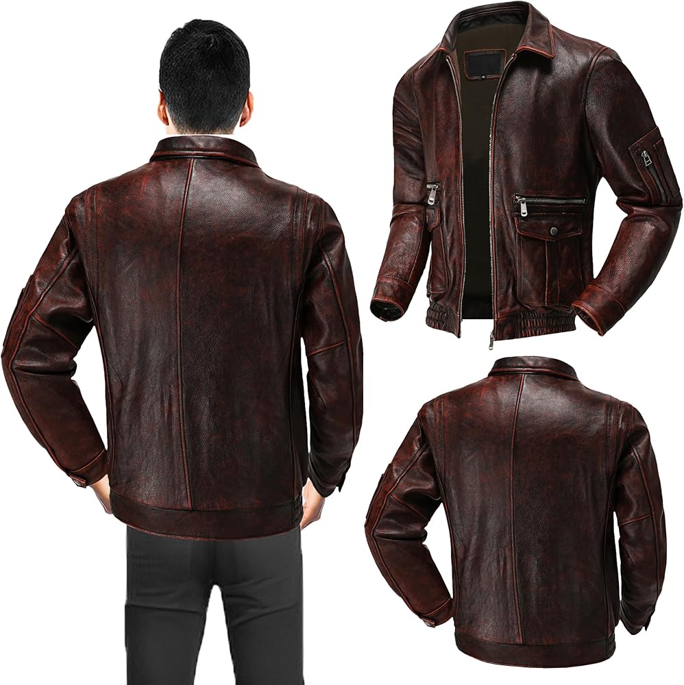 Retro Red Cowhide Aviator: Vintage Distressed Flight Bomber for Men