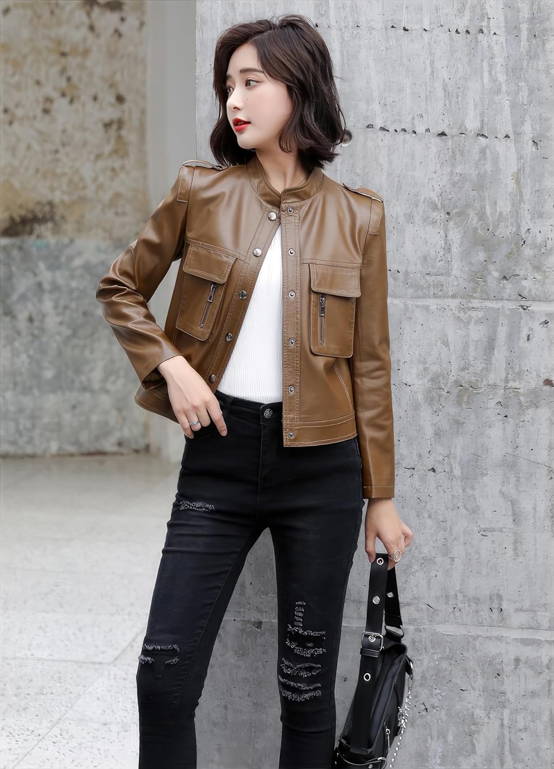 Brown Sheepskin Chic: Women's Korean Fashion Slim Fit Jacket – Stand Collar Luxury Outfit for High Street Glam