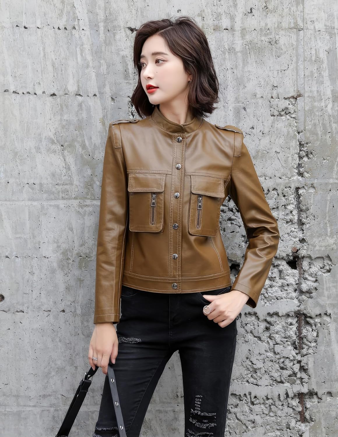 Brown Sheepskin Chic: Women's Korean Fashion Slim Fit Jacket – Stand Collar Luxury Outfit for High Street Glam