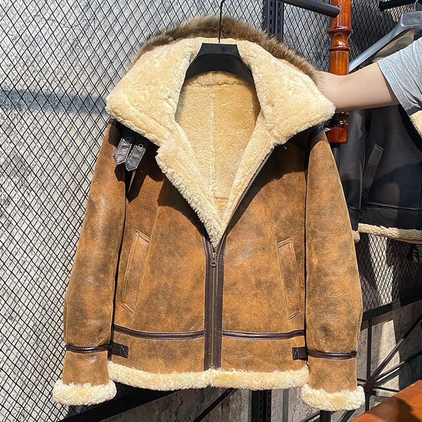 Vintage Brown B3 Bomber: Men’s Distressed Genuine Sheepskin Sherpa Shearling Aviator with Detachable Hood