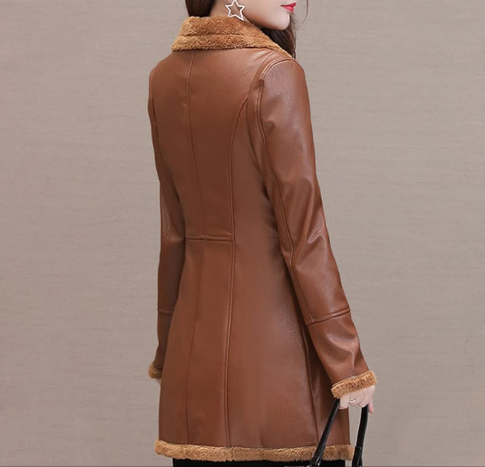 Cozy Elegance: Women's Brown Sheepskin Sherpa Trench Coat. Luxe Style, Warmth, and Classic Sophistication