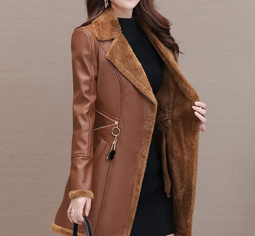 Cozy Elegance: Women's Brown Sheepskin Sherpa Trench Coat. Luxe Style, Warmth, and Classic Sophistication