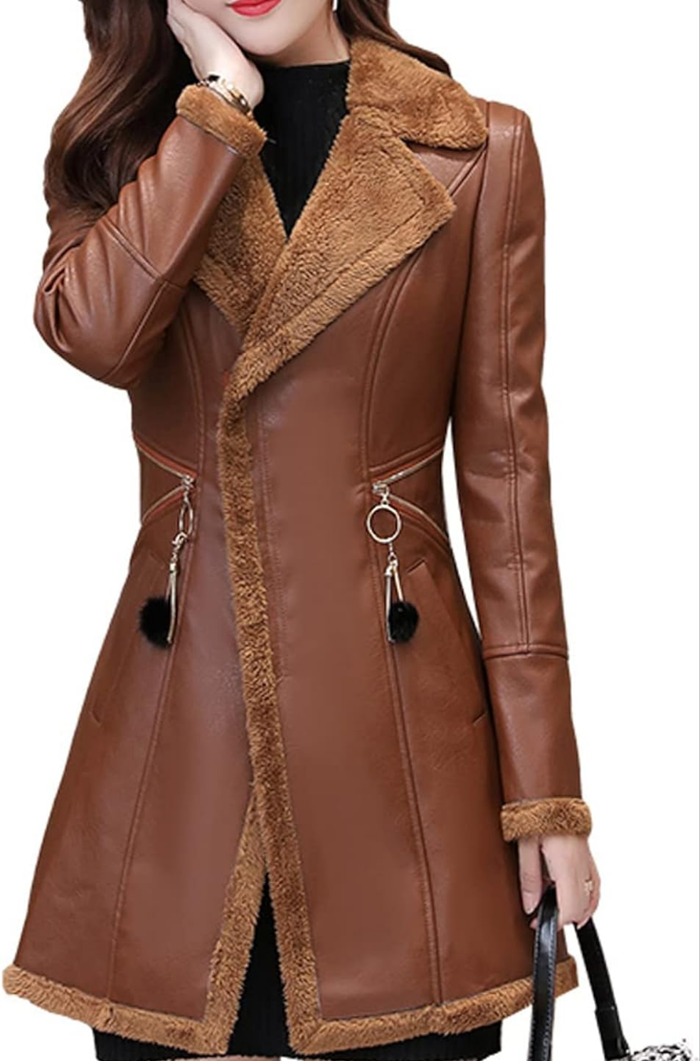 Cozy Elegance: Women's Brown Sheepskin Sherpa Trench Coat. Luxe Style, Warmth, and Classic Sophistication