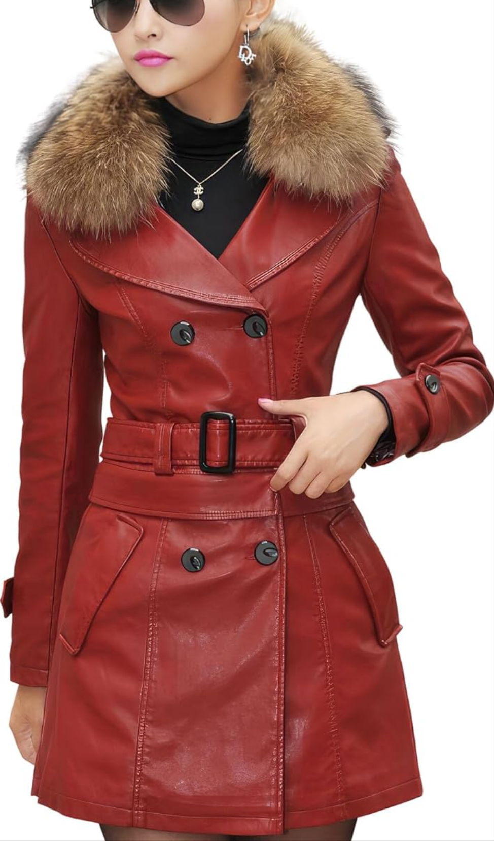 Red Elegance: Genuine Sheepskin Trench with Detachable Faux Fur Collar - Your Perfect Slim Fit for Winter Warmth