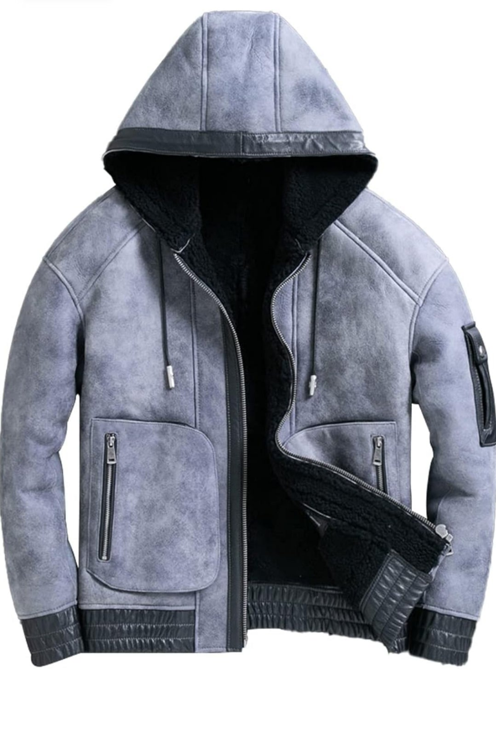 Grey Sheepskin Fur-Lined Hooded Bomber: Winter-Ready Men's Streetwear Jacket