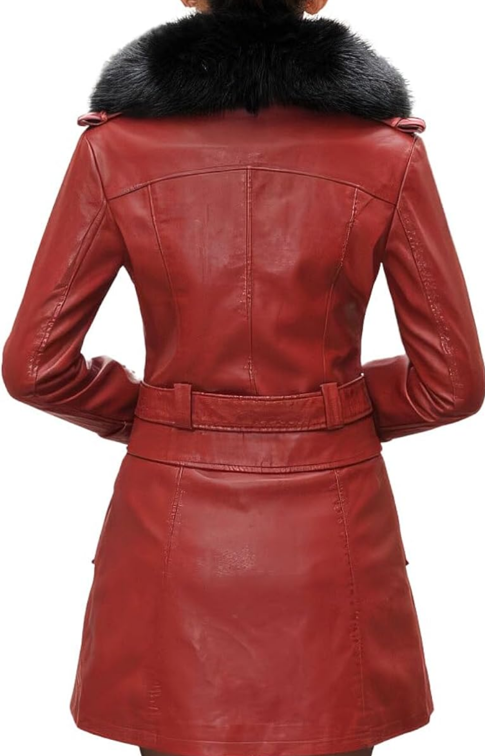 Red Elegance: Genuine Sheepskin Trench with Detachable Faux Fur Collar - Your Perfect Slim Fit for Winter Warmth