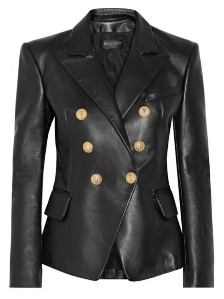 Black Sheepskin Notched Collar Elegant Leather Blazer: Your Statement in Business Fashion