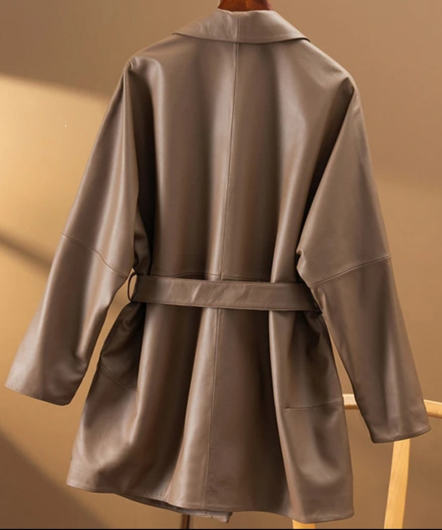 Auburn Chic: Genuine Sheepskin Korean Style Belted Leather Jacket - Classic & Oversized Elegance