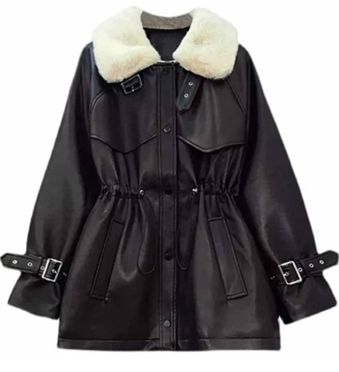 Black Sheepskin Sherpa Shearling Fashion Jacket: Casual, Oversized, Drawstring Waist