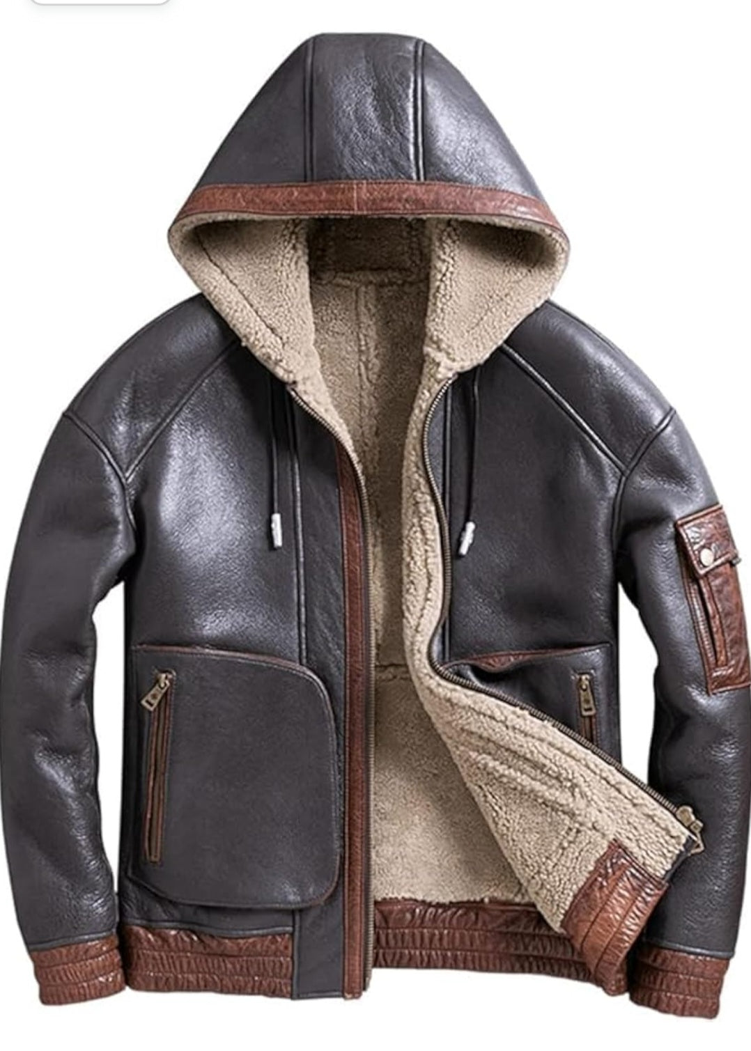 Grey Sheepskin Fur-Lined Hooded Bomber: Winter-Ready Men's Streetwear Jacket