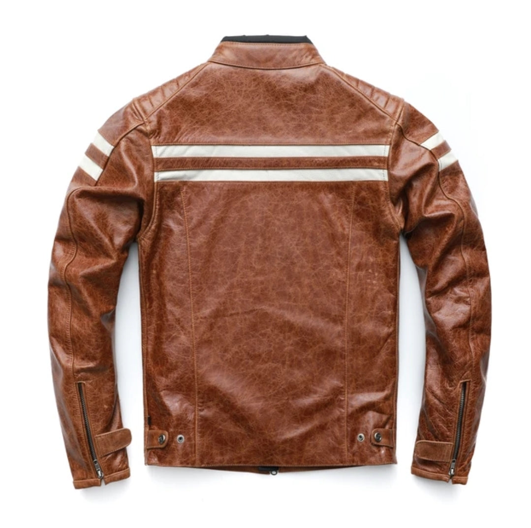 Ride in Style: Men’s Brown Cowhide Biker Jacket - Stand Collar, Slim Fit, Quilted Shoulders, Motorcycle Crossover