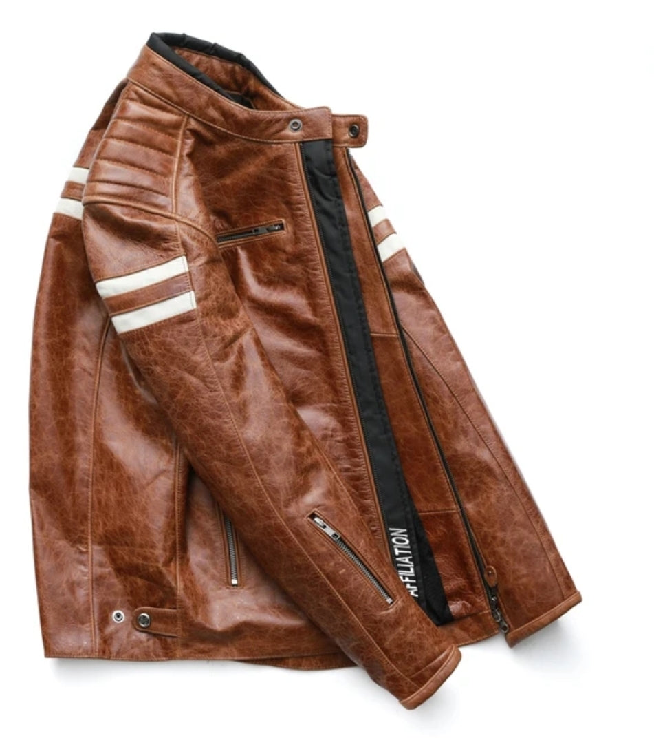 Ride in Style: Men’s Brown Cowhide Biker Jacket - Stand Collar, Slim Fit, Quilted Shoulders, Motorcycle Crossover