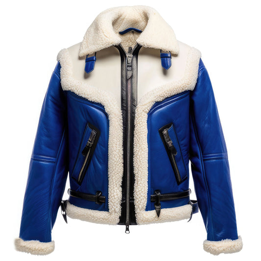 Luxurious Navy Blue Shearling Aviator Jacket for Winter Elegance Success