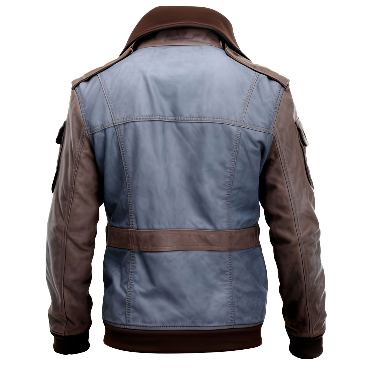 Distressed Blue Brown Genuine Sheepskin High Neck Stylish Leather Jacket with Rib Knitted Warm Victory Field Design