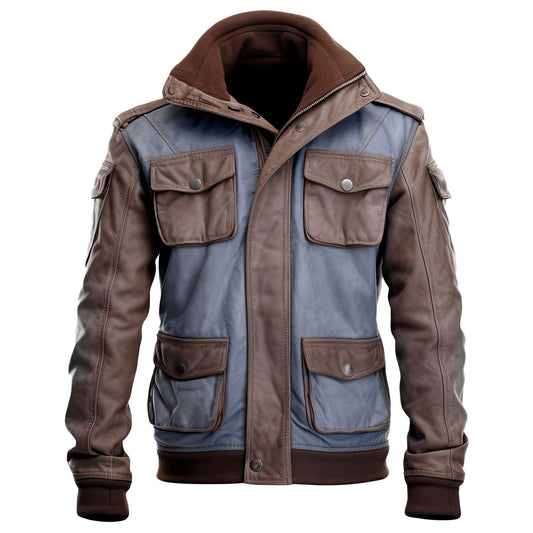 Distressed Blue Brown Genuine Sheepskin High Neck Stylish Leather Jacket with Rib Knitted Warm Victory Field Design