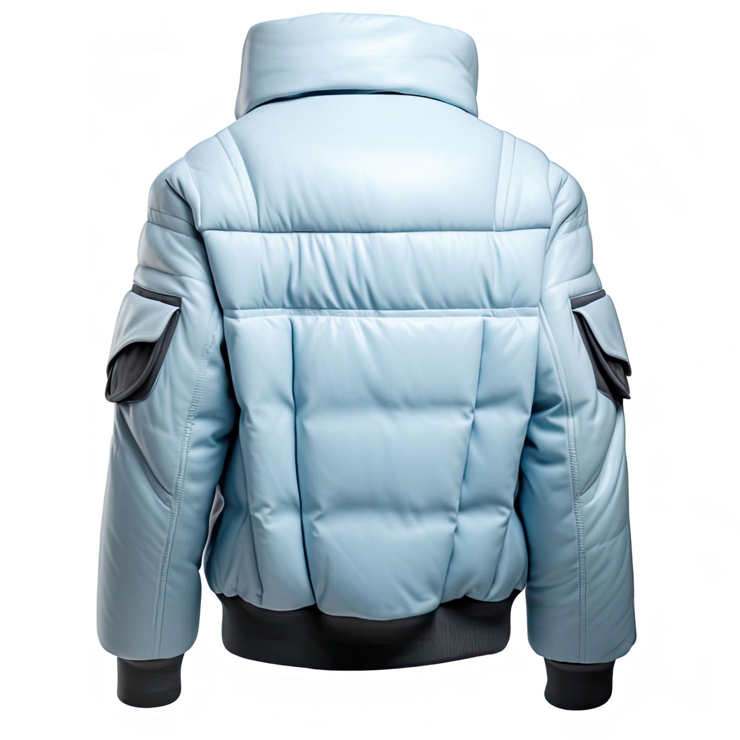 Ice Blue and Grey Biker Puffer Leather Jacket Success