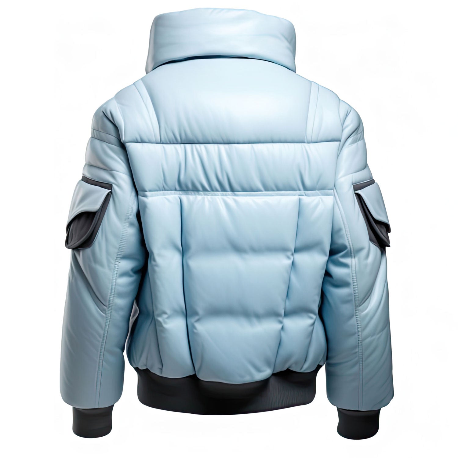Ice Blue and Grey Biker Puffer Leather Jacket Success