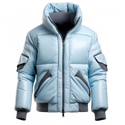 Ice Blue and Grey Biker Puffer Leather Jacket Success