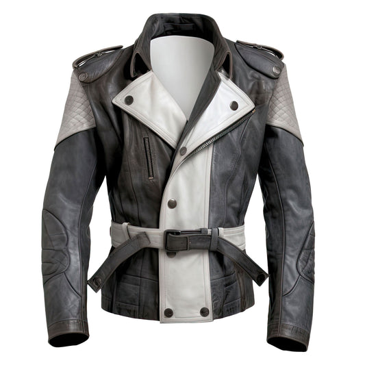 Charcoal Grey and White Military Style Leather Jacket