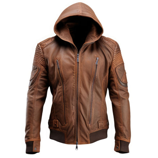 Men’s Coffee Brown Genuine Sheepskin Biker Hooded Stylish Zip-up Rib Knitted Slim-fit Casual Bomber Leather Jacket