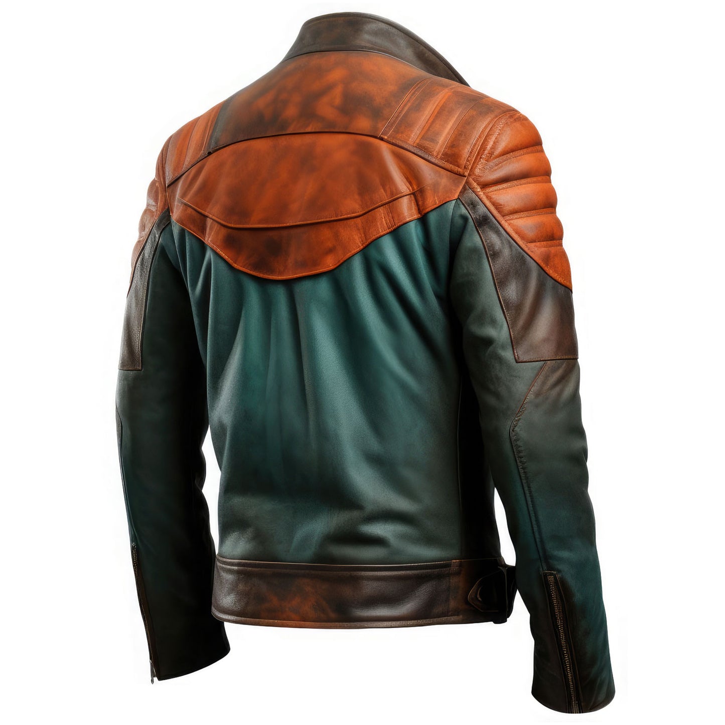 Men’s Distressed Green Brown Genuine Sheepskin Stand Collar Asymmetric Zip-up Punk Moto Rider Vintage Leather Jacket Gift for Men|Leather coats for men