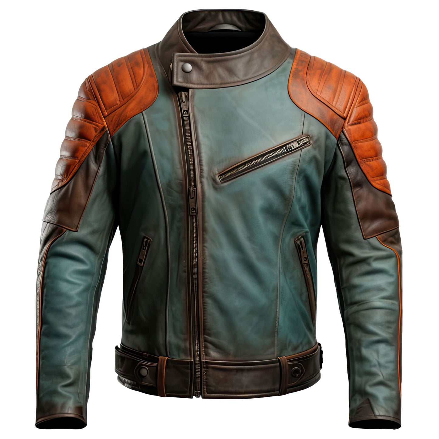 Men’s Distressed Green Brown Genuine Sheepskin Stand Collar Asymmetric Zip-up Punk Moto Rider Vintage Leather Jacket Gift for Men|Leather coats for men