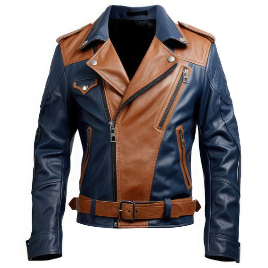 Navy Blue and Brown Rider Classic Biker Leather Jackets