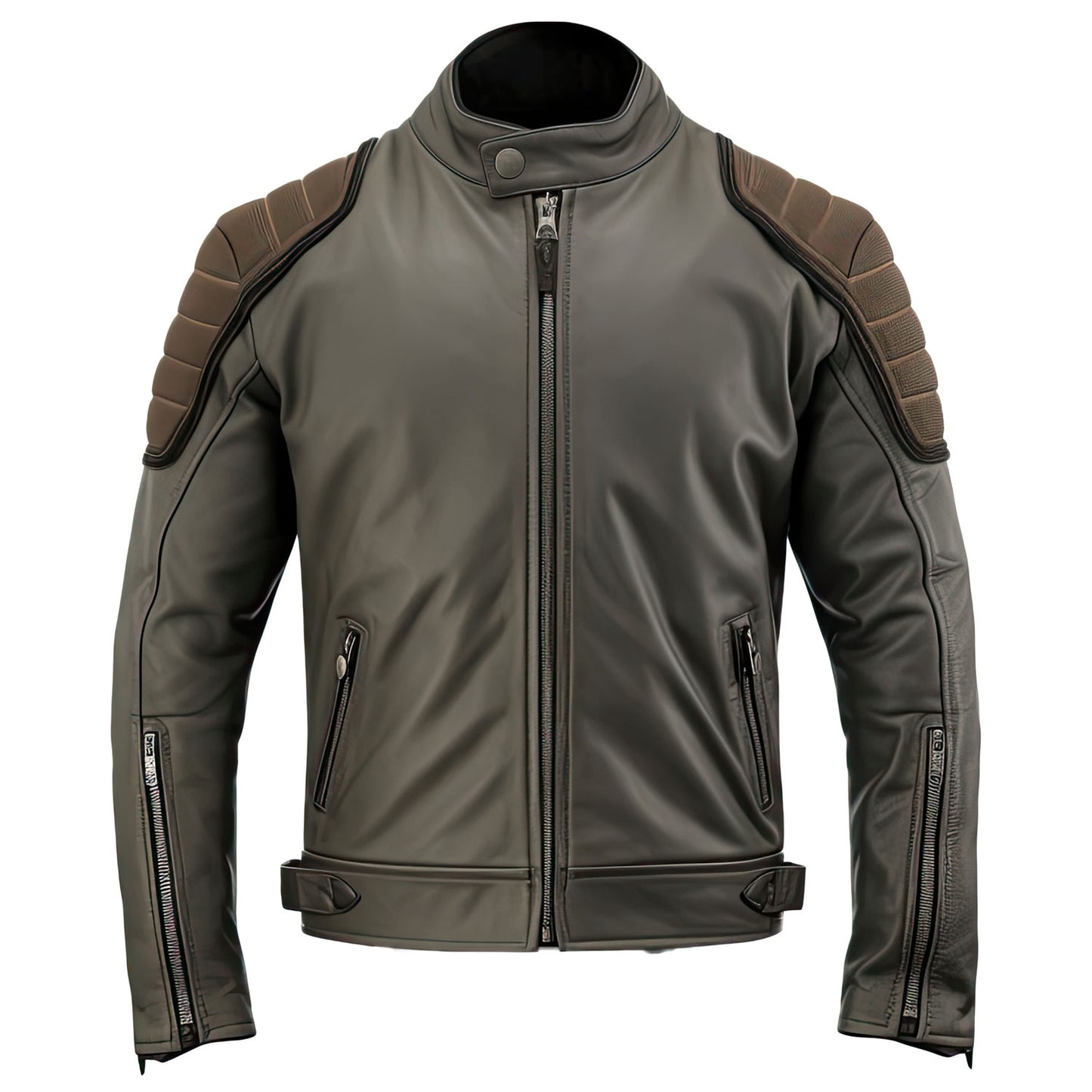 Olive Green and Charcoal Grey Classic Biker Style Leather Jacket Success