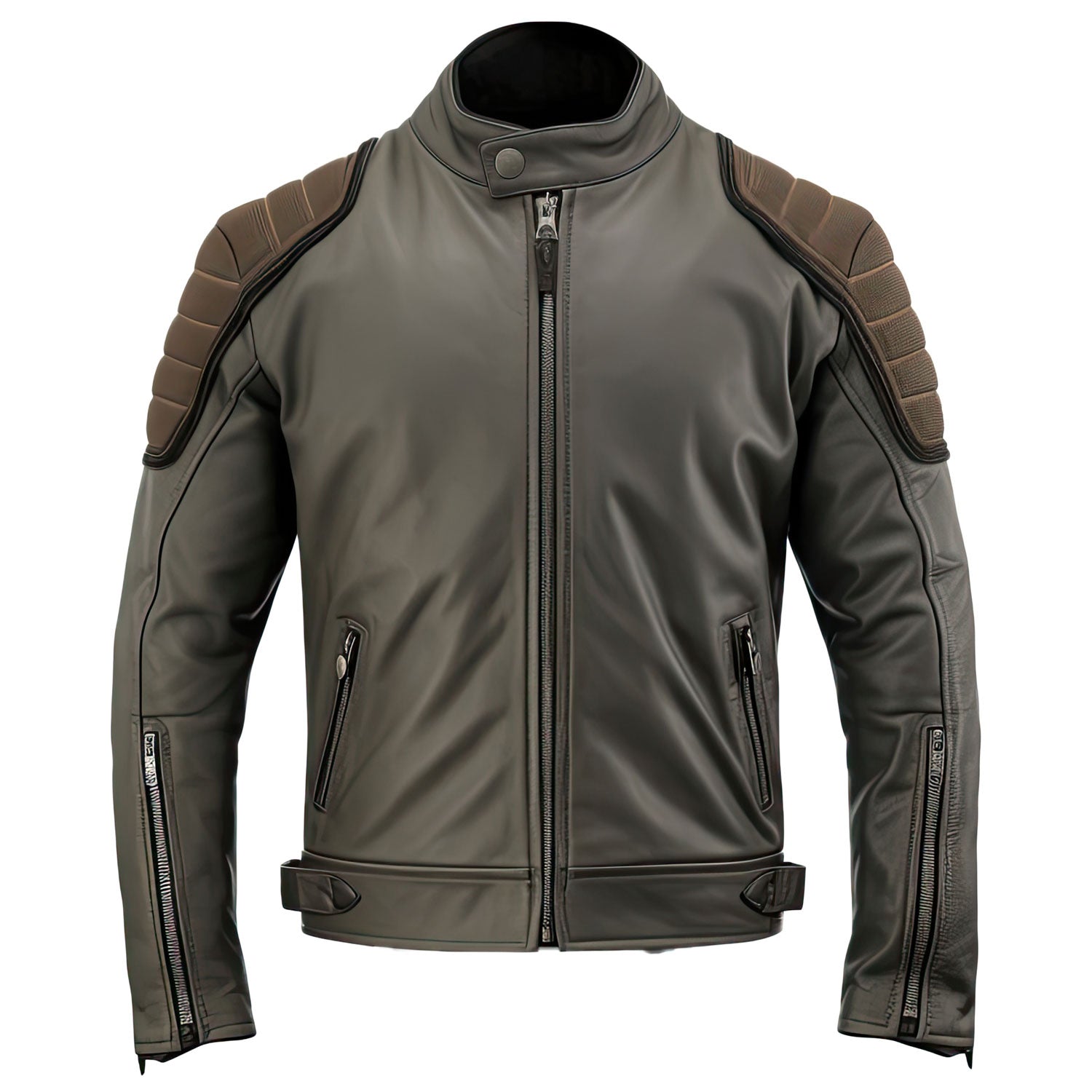 Olive Green and Charcoal Grey Classic Biker Style Leather Jacket Success