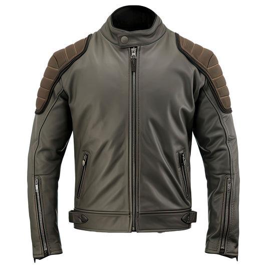 Olive Green and Charcoal Grey Classic Biker Style Leather Jacket Success