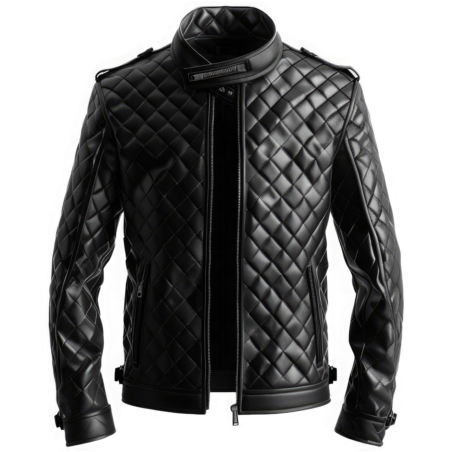 Men’s Genuine Sheepskin Diamond Quilted Biker Jacket Stylish Stand Collar, Zipper Gift for Men|Leather coats for men