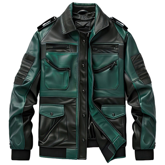 Men’s Stylish Forest Green and black Trucker Leather Jacket Gift for Men|Leather coats for men