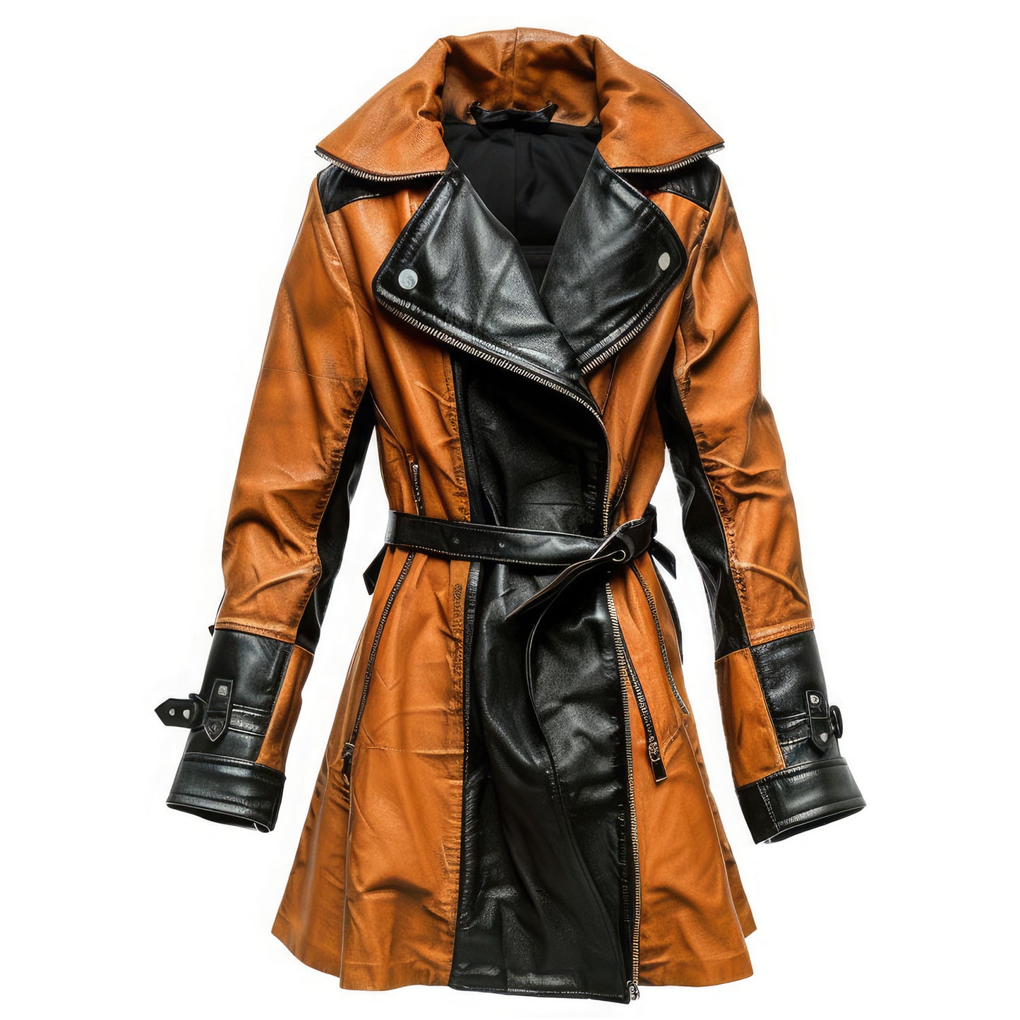 Women's Luxurious Genuine Sheepskin Double-Breasted Lapel Collar Winter Trench Leather Coat featuring Stylish Zip-up Closure and Chic Belt