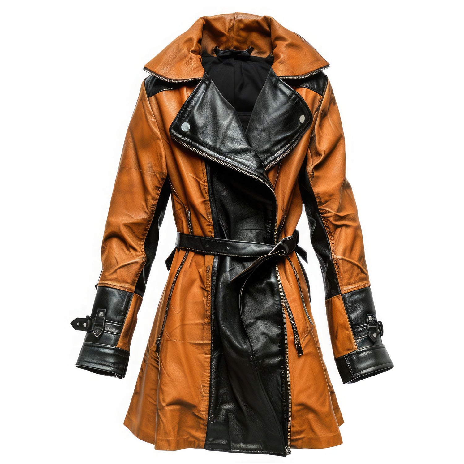 Women's Luxurious Genuine Sheepskin Double-Breasted Lapel Collar Winter Trench Leather Coat featuring Stylish Zip-up Closure and Chic Belt