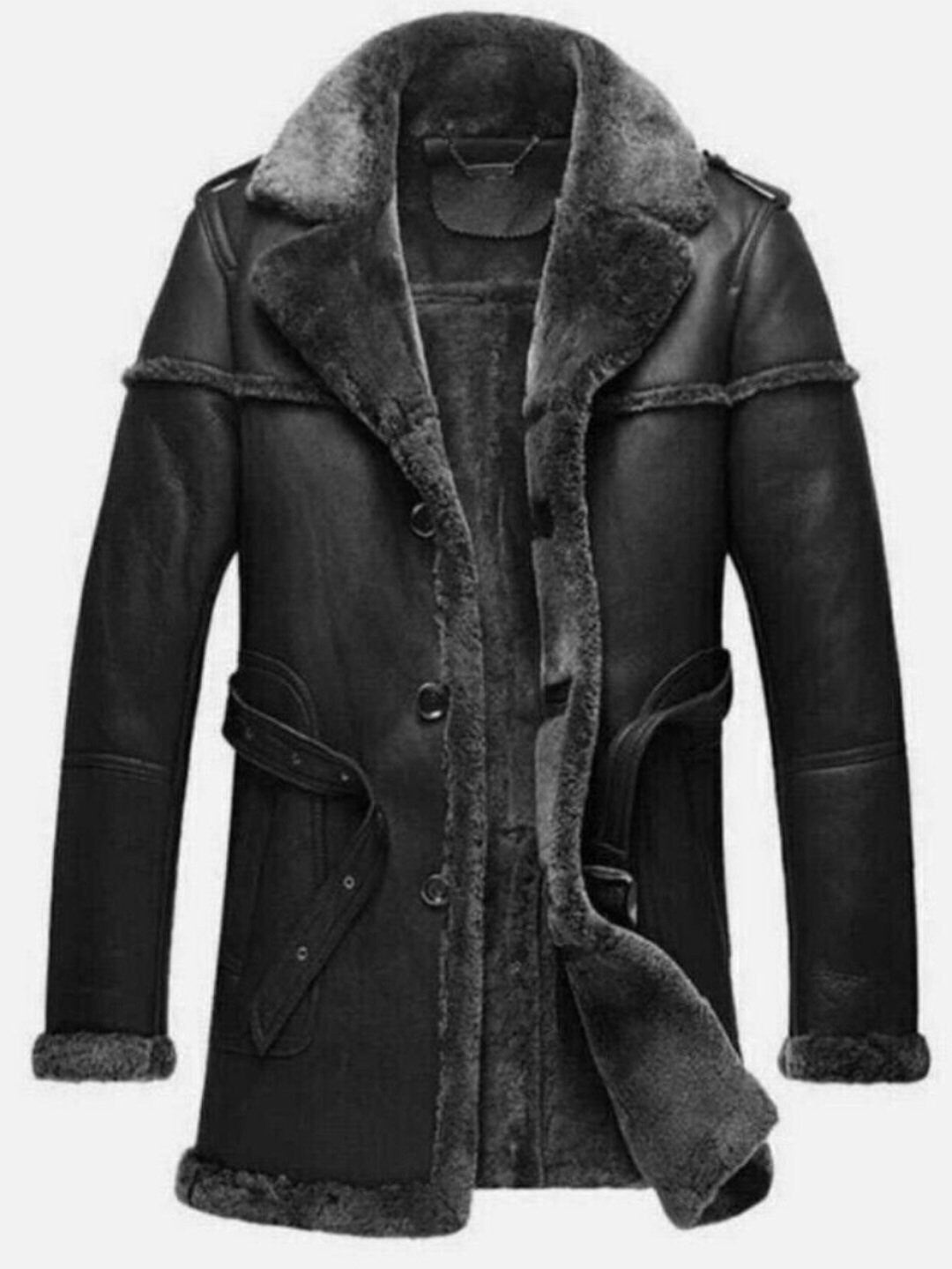 dmade Men's Grey Fur Black Real Sheepskin bomber Leather Duffle Coat Leather jacket s,Mens Leather Coats and jackets ,Leather Jacket women s|Leather coats for men 
