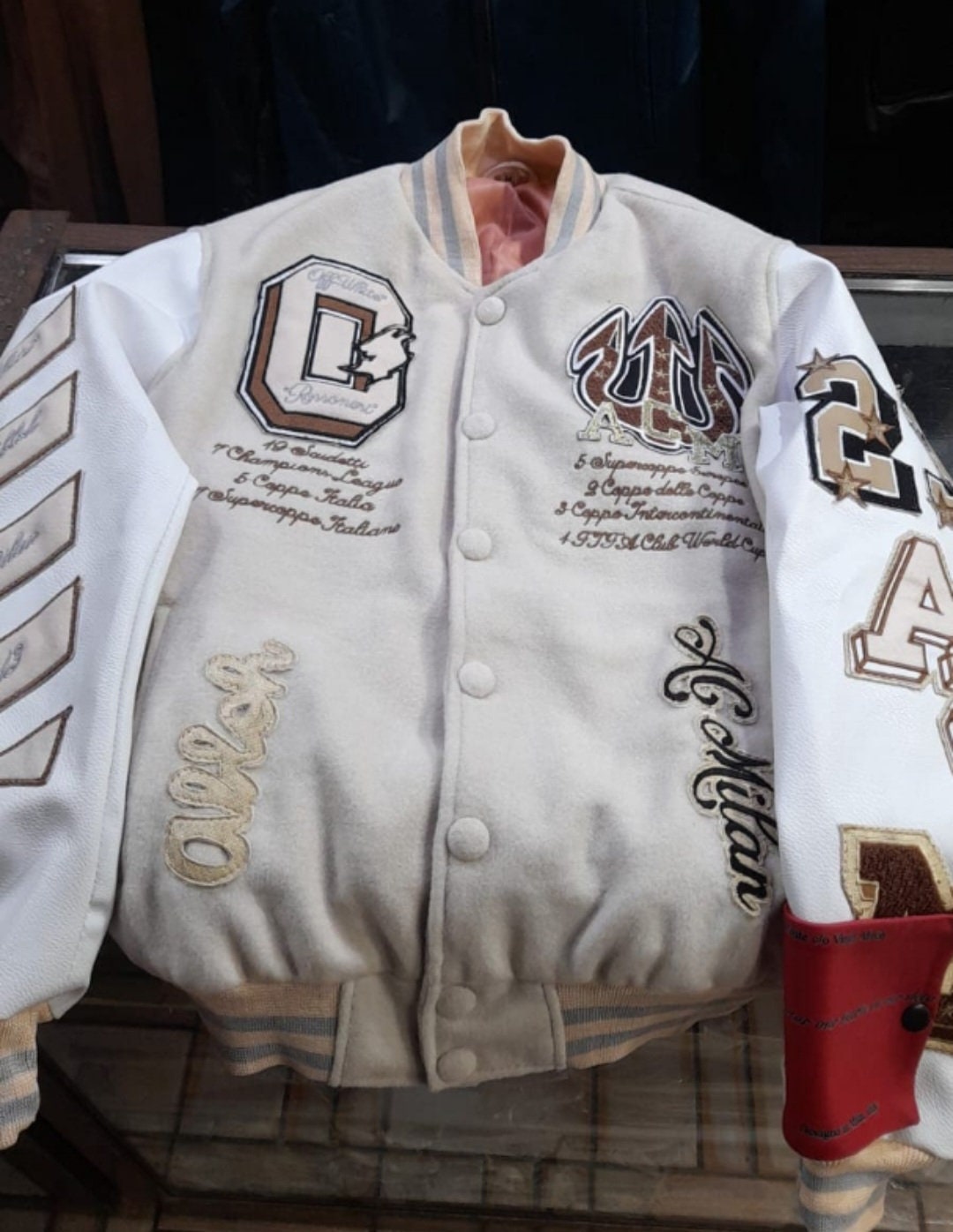 AC Milan Off-White Football Varsity Bomber Jacket Baseball Varsity Bomber Jacket|Leather coats for men