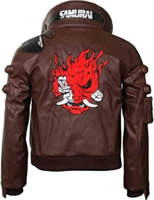 Handmade Brown Gaming Faux Leather Samurai Bomber Jacket for Men's - Cyberpunk Gaming Cosplay Costume Jacket with Embroidery Patches Leather jacket s,Mens Leather Coats and jackets ,Leather Jacket women s|Leather coats for men 