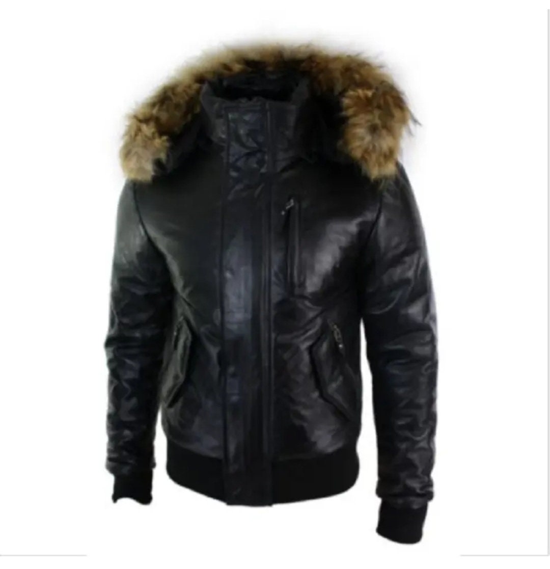 Men’s Real Leather Jacket with Removable Fur Hood