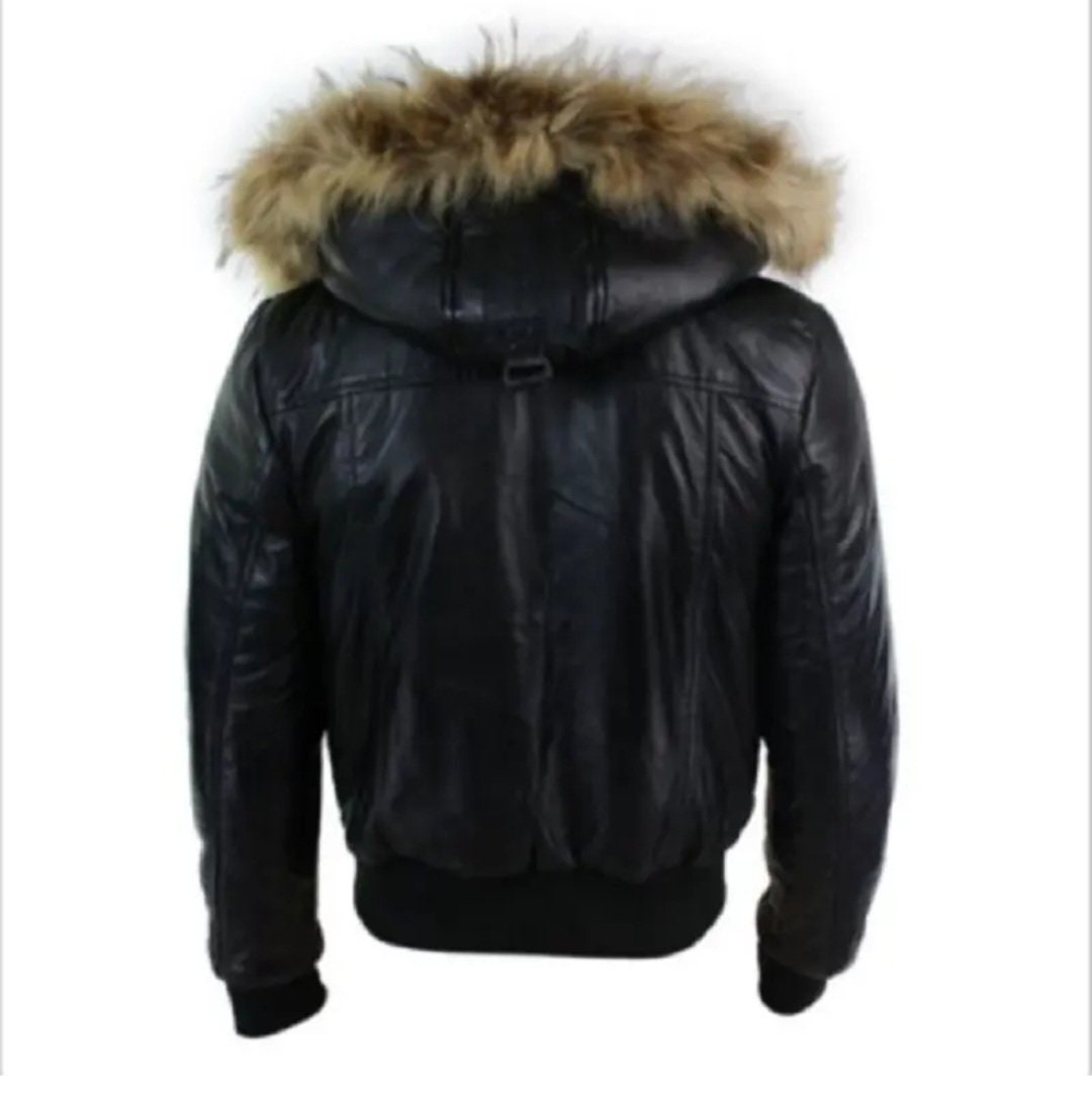 Men’s Real Leather Jacket with Removable Fur Hood