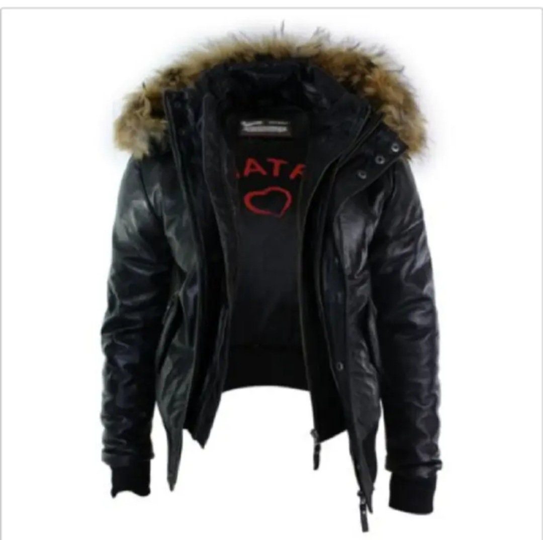 Men’s Real Leather Jacket with Removable Fur Hood